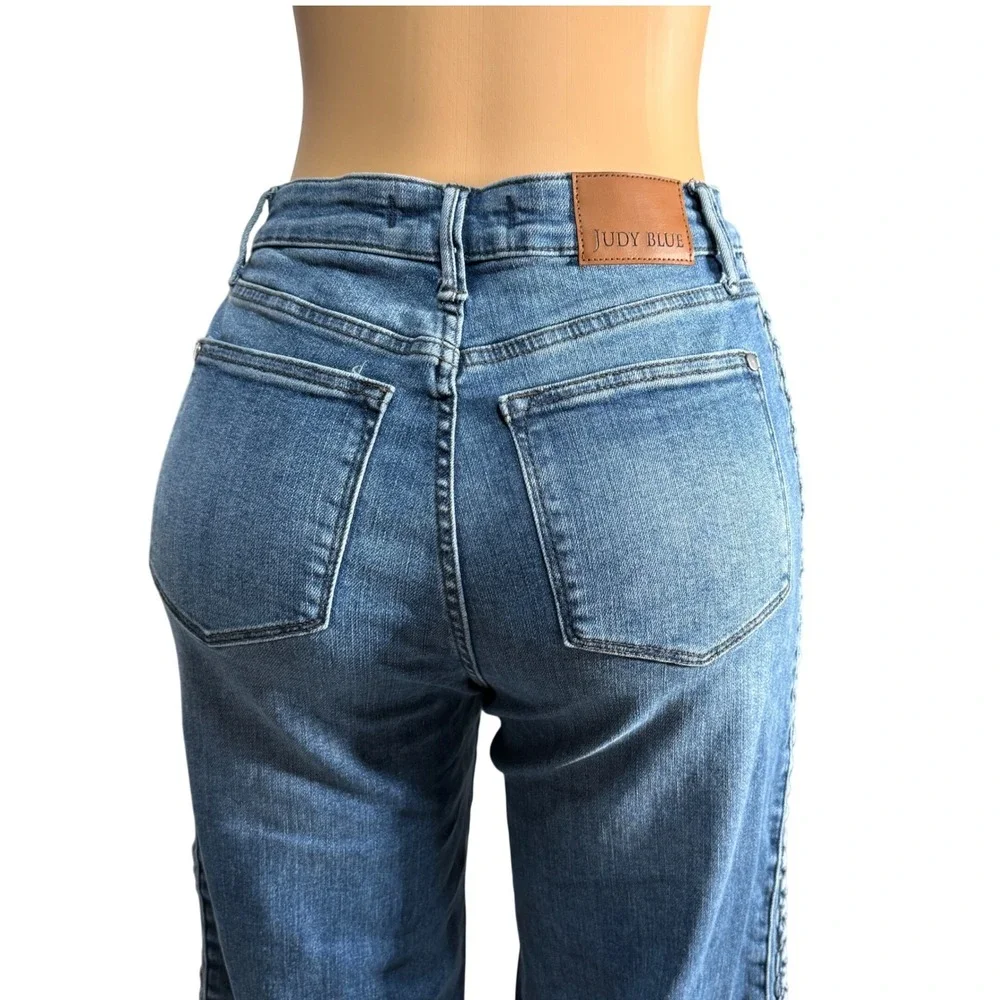 Judy Blue Wide Leg Jeans Womens 5/27 Blue Excellent Braided Side Seam Stretch